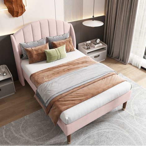 MEUBLIV Lit capitonné 90 x 200 cm avec sommier et tête de lit en velours rose lit simple robuste pour chambre adulte ou chambre ado (1/5)
