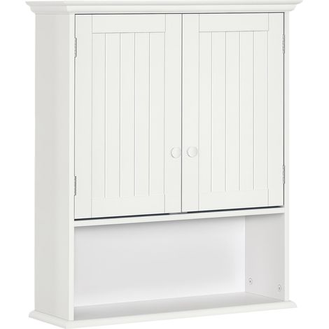 meuble de salle de bain à deux portes avec étagères intérieures réglables en hauteur avec compartiments ouverts à fixation murale de couleur blanche
