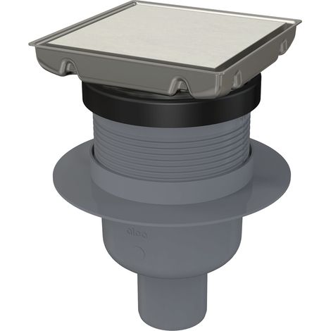 AlcaDrain drain de sol en acier inoxydable 130×130 mm avec sortie verticale, grille en acier inoxydable double face, siphon avec eau de verrouillage (1/3)