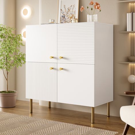 Buffet blanc MDF poignées alliage zinc pieds acier meuble rangement salon chambre entrée 130x40x75 cm