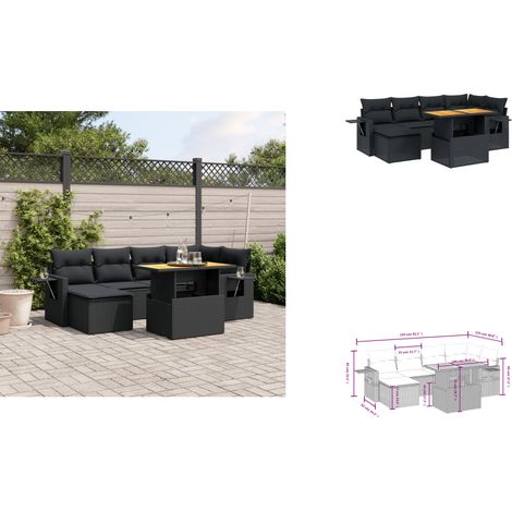 Salon de jardin 7 pcs avec coussins noir résine tressée - Ensemble Salon De Jardin - Meuble Extérieur - Résine Tressée - Rotin Synthétique - Table Extensible (1/3)