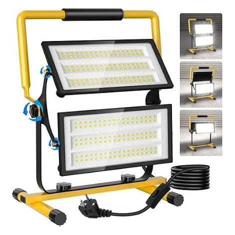 200W Projecteur Led Chantier, 22000LM Luminaire Exterieur à Panneau rotatif Avec Prise, 3m Câble IP66 Étanchéité Blanc Froid 6500K Portable Lampe Chantier pour Atelier Garage Construction (1/5)