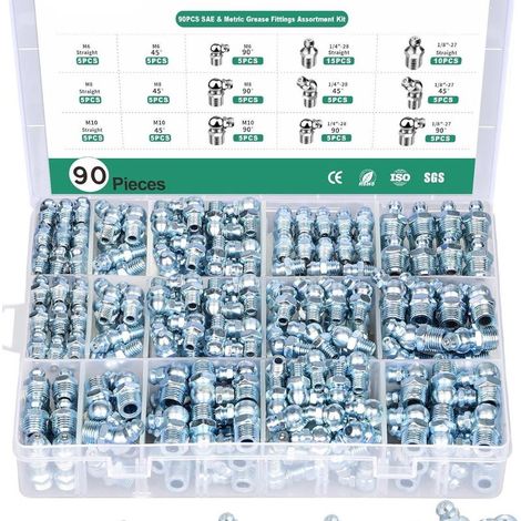 Assortimento di ingrassatori, 90 pezzi SAE e Zerk NPT, ingrassatori metrici da 1/4" 1/8" M6 M8 M10, nipplo per ingrassaggio diritto da 45 a 90 gradi per pistola per grasso. (1/5)
