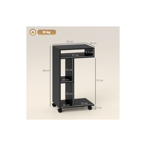 Table d'appoint, chariot de service en C, 4 roues, 3 compartiments, 40 x 30 x 69 cm, Noir (1/5)
