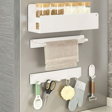 Étagère à épices magnétique pour réfrigérateur - Blanc - Lot de 4 en acier au carbone avec 6 crochets, support magnétique puissant sans perçage avec porte-épices, porte-serviettes et barre à crochets (1/5)