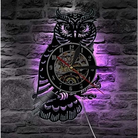 Hibou Horloge Murale Hibou Disque Vinyle Horloge Murale avec lumière LED Lumineuse Salon décoration de la Maison Horloge Cadeau