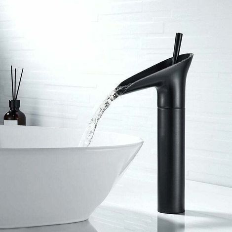 Schwarzer Badewannen-Hahn mit Wasserfall-Effekt, Retro-Einhebelmischer für Waschbecken, hochwertiger Messinghahn mit hohem Auslauf, ideal für Unterschränke. (1/5)