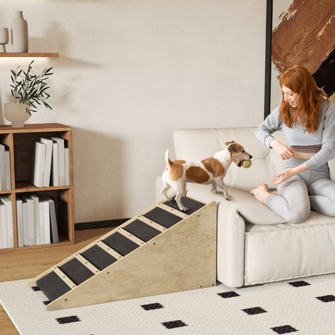Escaliers pour animaux - 90cm x 40cm x 45cm - escaliers pour chiens - bois de pin - revêtement antidérapant - naturel + gris (1/4)