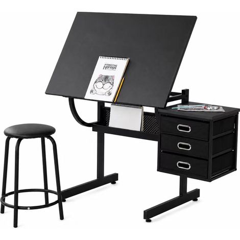 Tavolo da disegno inclinabile 116x60x75 cm in MDF nero con sgabello e 3 cassetti - CHICFURN (1/5)