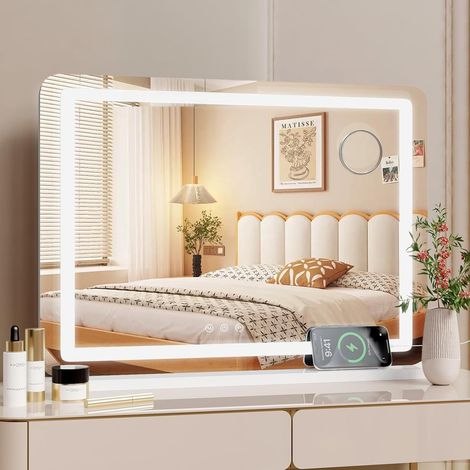 Schminkspiegel mit LED-Leuchten, Frisiertischspiegel, Wandspiegel, Tischspiegel, 50 x 40 cm, mit USB und Typ-C, 10-fache Vergrößerung, 3 Farbtemperaturen, Touch-Steuerung (1/5)
