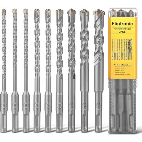 Punte per trapano per calcestruzzo flintronic SDS Plus, set da 9 pezzi, punte per trapano a percussione, punte per muratura, 5, 6, 6, 8, 8, 10, 12, 14, 16 x 160 mm, utensili per forare calcestruzzo, p (1/5)