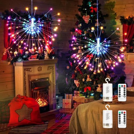 Guirlande Lumineuse Noël Extérieur, 2 Pièces 120 LED Lumières Feu d'Artifice Batterie Intérieur Fil de Cuivre IP65 Étanche 8 Modes Décoration pour Mariage Patio Saint Valentin, Multicolore (1/4)