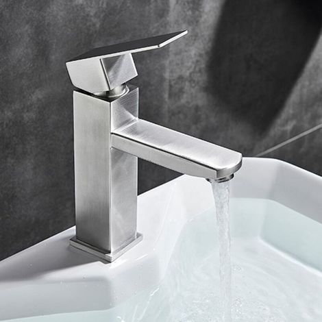 Robinet de salle de bain carré, mitigeur de lavabo, robinet d'eau chaude et froide, robinet de salle de bain en acier inoxydable (sans tuyau d'arrivée) (1/4)
