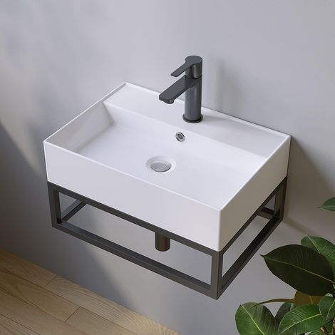 Waschbecken Keramik Weiß Aufsatzwaschbecken  für Waschtisch Unterschrank Waschplatz Gäste WC Hängewaschbecken Handwaschbecken Weiß - 50 x 35 x 12,5 cm