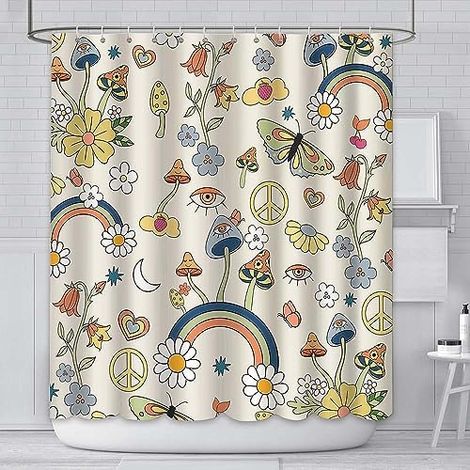 CSPARKV 180x180cm Mushroom Shower Curtain Boho Floral Washable Fabric Bath Curtains Hippie 70s 80s Funky Groovy Aesthetic Retro Bathroom Curtains with 12 Hooks (1/4)