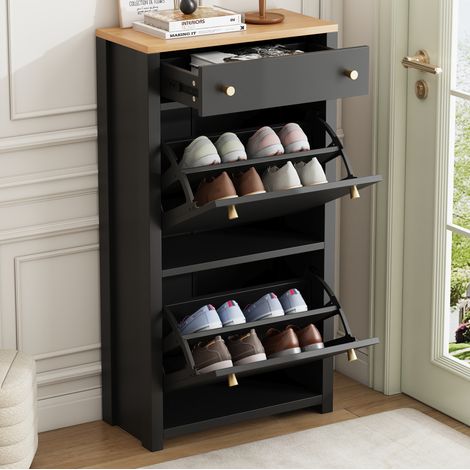 Mobile portascarpe con 1 cassetto, 2 ante ribalta, MDF nero effetto legno 50 x 24 x 95 cm OKMYHOME (1/5)