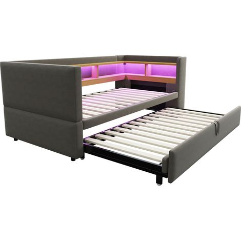 Cama nido extensible 90/180 x 190 cm con LED, enchufes y almacenaje, gris oscuro HOMVRA (1/5)