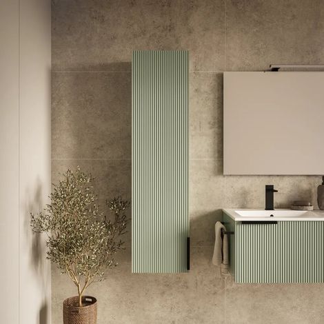 Colonne de salle de bain suspendue 138x36x25 cm finition cannelée vert sauge Fuji (1/3)