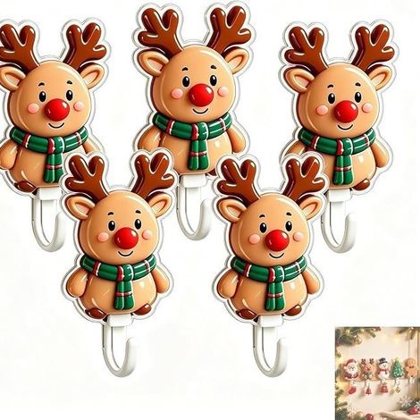 New 2026 Cute Christmas Wall Hooks, Cartoon Adhesive Hooks for Holiday Decoration - Reindeer -