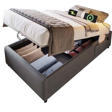 Lit coffre 90x200 cm en coton-lin gris, sommier plein en bois massif, avec ports USB/Type-C, sans tête de lit (1/5)