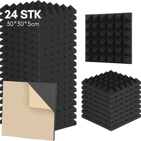 Wolketon 24 pannelli acustici adesivi, Piramide 30 x 30 x 5 cm, pannelli fonoassorbenti per un efficace isolamento acustico, colore nero (1/5)