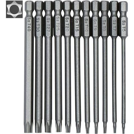 Jeu de 11 embouts longs Torx pour tournevis et visseuse électrique - Embouts magnétiques - Tige hexagonale de 1/4" - Tailles T6 à T40 - Longueur 100 mm-INHHUB (1/5)