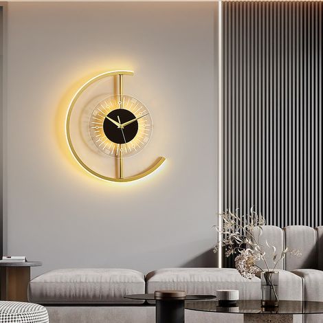 Moderne Wanduhr, Wandlampe, Wohnzimmer, Schlafzimmer, Nachttisch, Flur, Loft, Dekorative Innenleuchte aus goldfarbenem Acryl, Zahlenuhr