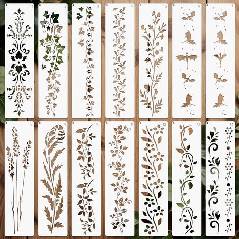 14pièces Pochoirs pour Peinture Réutilisable, 30x7.62cm Pochoir pour Dessin en Plastique Plantes Bricolage Bois Mur Maison Décor (1/5)
