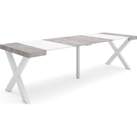 Skraut Home - Table console extensible, Console meuble, 260, Pour 12 personnes, Pieds bois massif, Style moderne, Blanc et Gris Ciment (1/5)