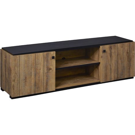 GLESS - Meuble TV 2 Portes et 2 Niches Noir et Aspect Bois (1/4)