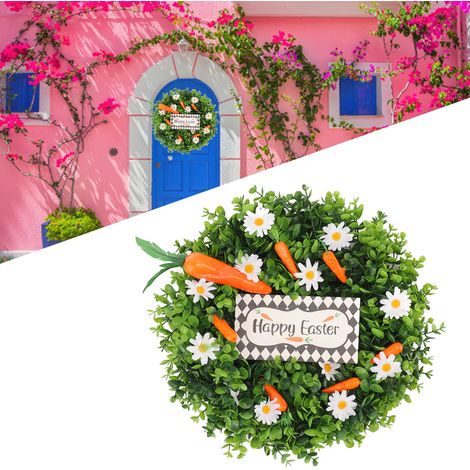 Osterkranz, Gänseblümchen, Karotten, Frohe Ostern, Eukalyptusblätter, Türdekoration (1/5)