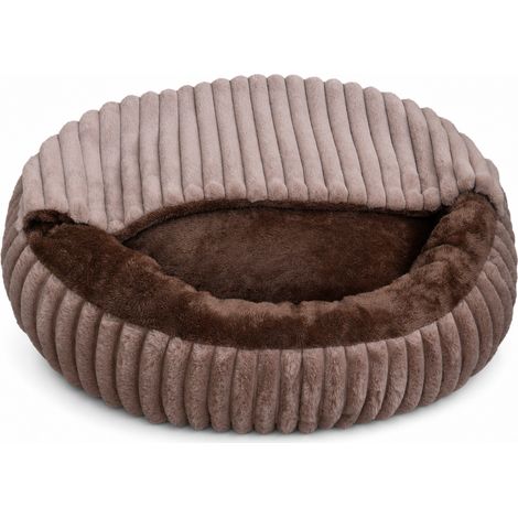 Panier pour Chien et Chat en Peluche Côtelée avec Couverture Intégrée, Marron Clair (1/5)