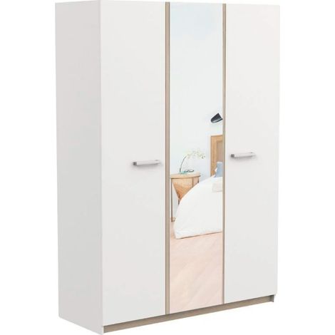 Armario Dormitorio Watson con Espejo 3 Puertas Color Blanco Mate y Roble Kronberg 134x192 cm (1/5)