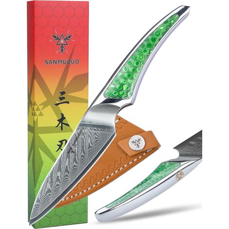 9CM Paring Knife, Damascus Steel Japanese Kitchen Knife VG-10, Ultra Sharp Fruit Knife with Green Resin Full Tang Handle, LA-S9 Series (1/5)