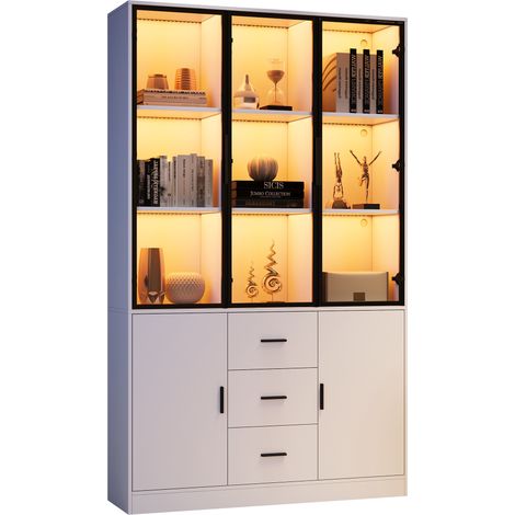Vitrine haute blanche 120 x 30 x 200 cm avec LED RGB, 5 portes, 3 tiroirs, 13 compartiments, rangement salon et bureau, design moderne – CHICFURN (1/5)