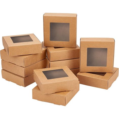 24 x Gift Boxes, Folded Paper Boxes for Jewellery Biscuits, Treats, Kraft with Window 6 x 6 cm for Party Treats, Bakery Packaging, 10 x 10 x 3 cm (1/5)