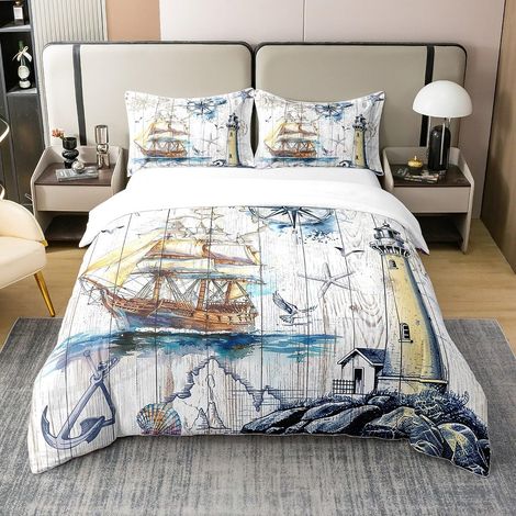 Bateaux à Voile 100% Coton Sets de Housse de Couette Enfants Ancre Parure de Lit 240x260cm Bois Compass Imprimer Housse de Couette Océan Voyage Aventure en mer Parure Housse de Couette - 260 x 240 cm  (1/5)