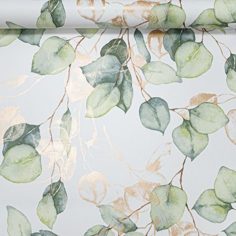 Green Ecualyptus Floral Wallpaper White Gold Metallic Light Green Leaves Smooth (1/5)