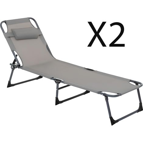 Lot de 2 transats, bain de soleil en texaline coloris Gris - Longueur 173 x Profondeur 55,5 x Hauteur 27 cm (1/4)