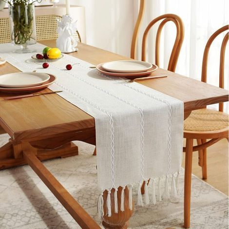 Rustikaler Tischläufer aus Leinen mit handgefertigter Quaste, 275 cm lang, im Landhausstil bestickt, 33 × 228 cm – Elfenbein, durchbrochene Stickerei (1/4)