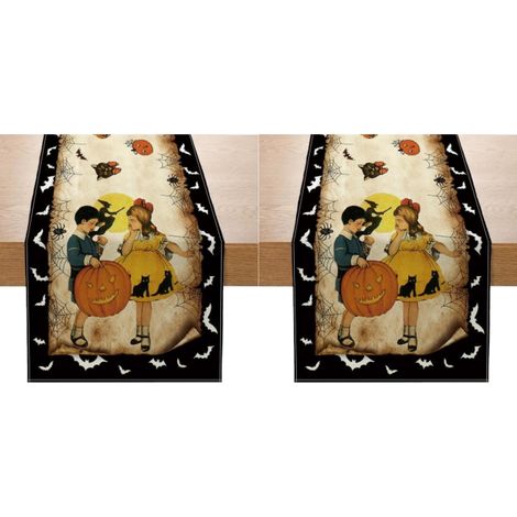 Camino de mesa vintage de Halloween - Decoraciones de Halloween - Negro estilo vintage Niño Niña Murciélago Calabaza 33 x 183 cm (2 piezas) (1/5)