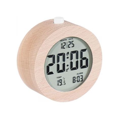 Wecker aus Holz – Runder digitaler LCD-Wecker mit Datums- und Temperaturanzeige, sanfter Hintergrundbeleuchtung und praktischen Funktionen, geeignet für den täglichen Gebrauch