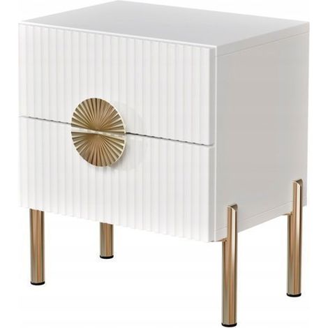 TABLE DE CHEVET À DEUX TIROIRS, FACE À RAYURES, BLANCHE AVEC PIEDS DORÉS (1/4)