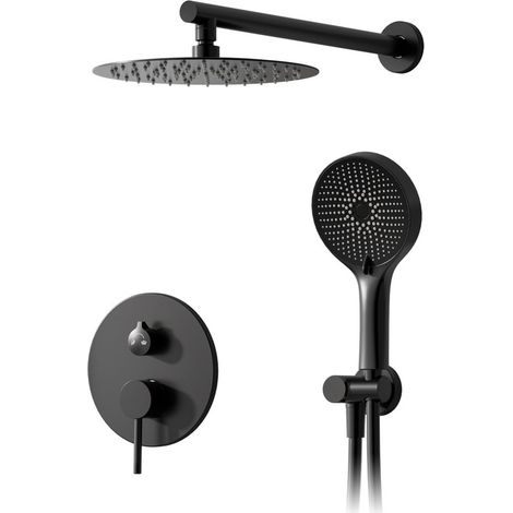 Colonne de douche, ensemble de douche encastré noir avec mitigeur Douche encastrable, système de douche encastré avec pomme ronde à effet pluie 30 cm, orientable à 360°, buses anticalcaires (1/5)