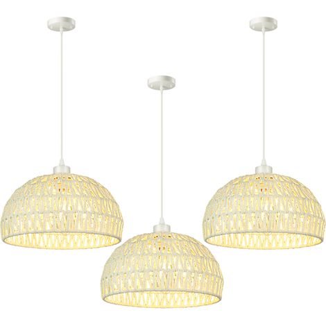 Lot de 3 suspensions rustiques, suspensions tissées à la main, plafonniers bohèmes, suspensions bohèmes, suspensions bohèmes, hauteur réglable, blanc (1/5)