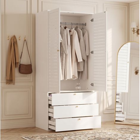 Armadio a 2 ante 90x50x200 cm, ante a lamelle, 3 cassetti e appendiabiti, pannello truciolare bianco (1/5)