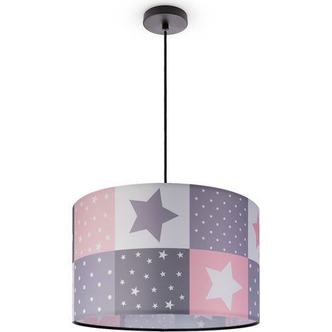 Paco Home Luminaria Suspensión Niños Infantil Pantalla Tela Redonda Colorida Bebé E27 Lámpara colgante - Negro, Rosa (Ø45.5 cm)