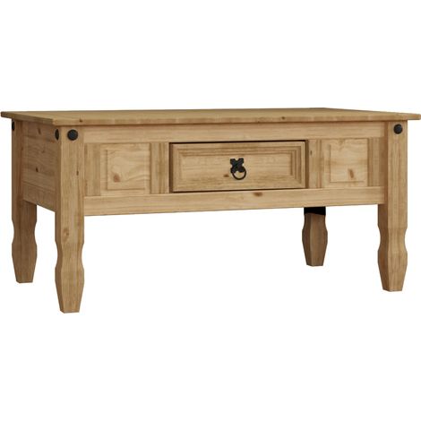 Home Discount – Table basse Corona en pin massif avec 1 tiroir – Dimensions H 44,6 x L 94 x P 56 cm – Finition cirée vieillie – Meuble de salon élégant (1/5)