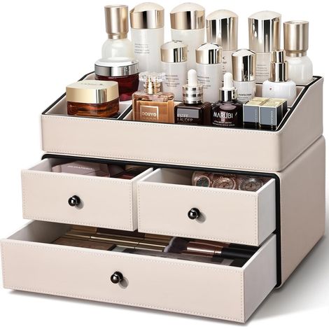 Organizador de dos niveles con cajones, de piel sintética color beige un mueble elegante para el baño, el dormitorio o la cómoda.