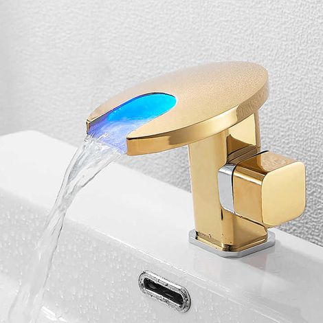 LED Basin Mixer Tap Bathroom Faucet Brass Basin Faucet Deck Mounted Basin Faucet with Hot and Cold Water (1/5)